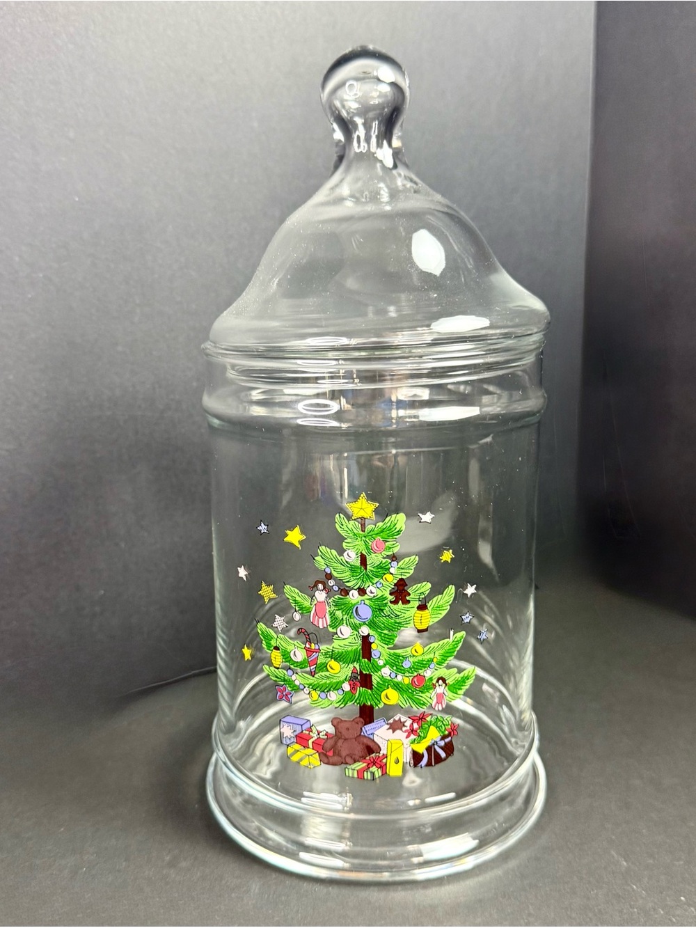 Vintage Clear Glass Christmas Tree Candy Jar - Apothecary - CHRISTMAS TREE 9"
